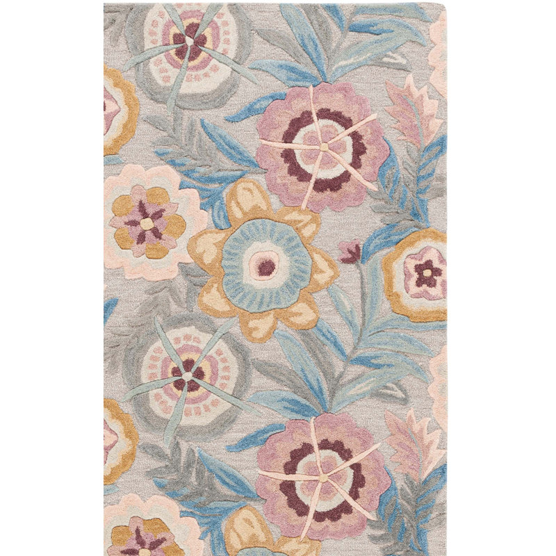 Tapis floral gris / rose en laine / coton touffeté Orilla, Carré 6 pi