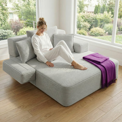 Chaise longue en velours côtelé moelleux de 60,2 po avec coussin à ressorts et sans assemblage, canapé-lit convertible avec pochette de rangement et appartement 2 en 1 pour salon gris clair