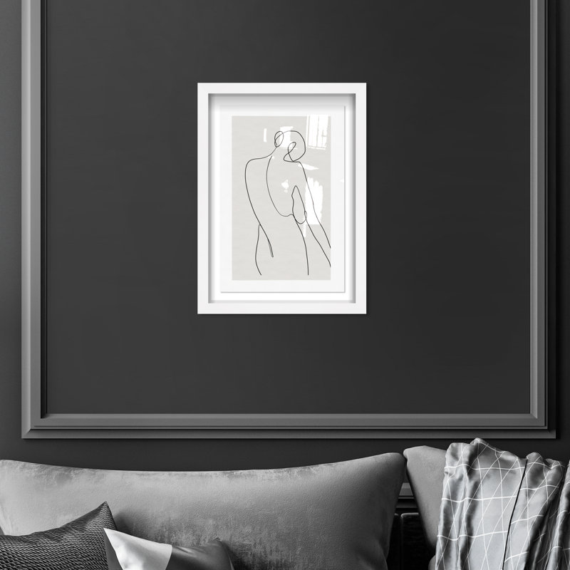 Dessin au trait noir et blanc de Her II - peinture à cadre flottant, H 37 po x l 25 po, Cadre blanc