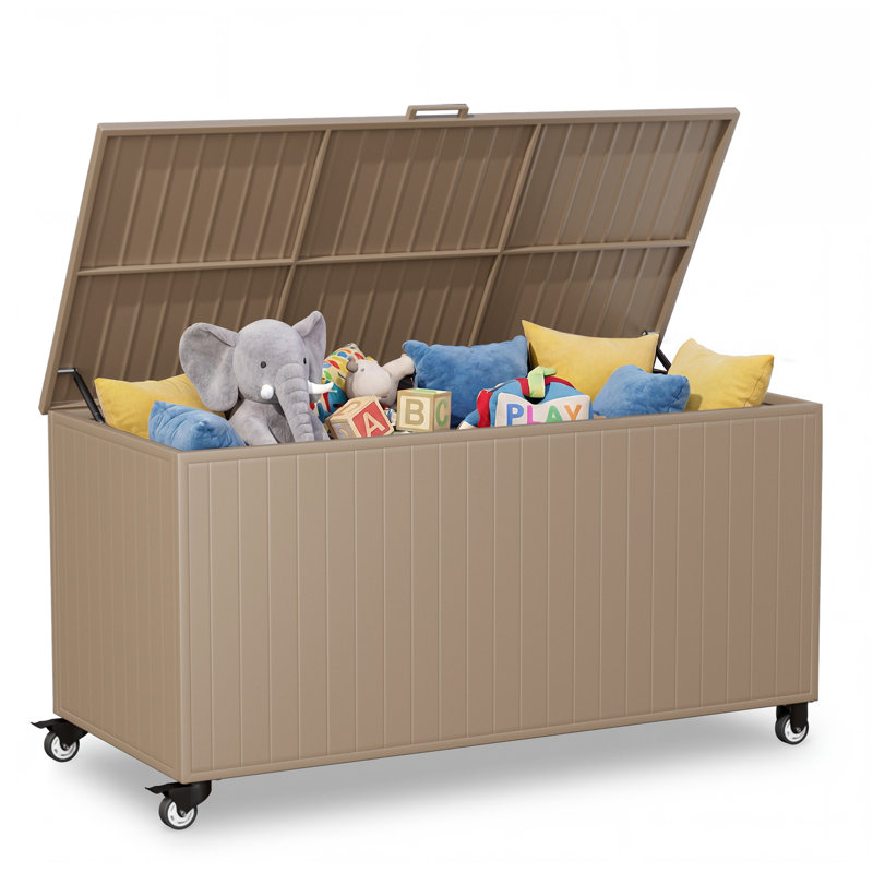 250-Gallon Metal Deck Boxes Outdoor Large Storage Box Deck Box with Wheels, 250 Gallon, Brown