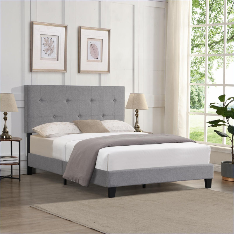 Full Double Size Modern Upholstered Platform Bed, Button Tufted Linen, No Box Spring Required, Classic Grey