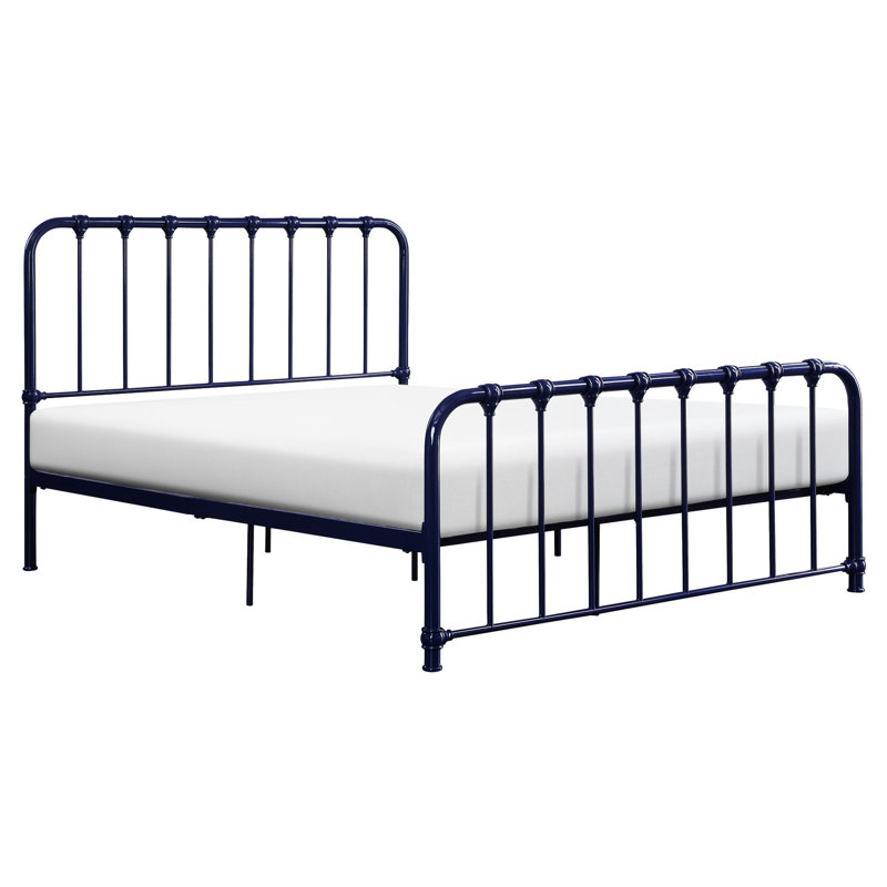 Lit plateforme double en métal de style chambre à coucher séduisant bleu avec finition brillante, Lit double