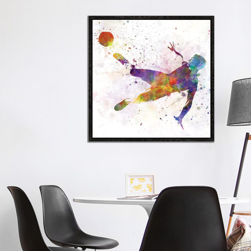 Man Soccer Football Player Flying Kicking V by Paul Rommer - Painting on Canvas, 93.98 cm H x 93.98 cm W, Black Framed