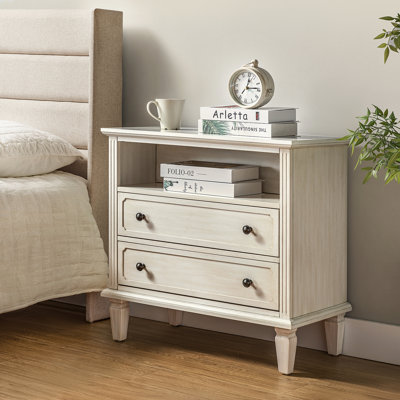 Amberlyn 28.2''W Traditional 2-Drawer Nightstand with Charging Station and Solid Wood Legs and Open Shelf