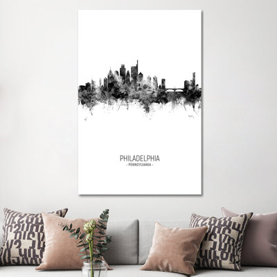 Philadelphia Skyline Portrait Black And White by Michael Tompsett - Wrapped Canvas Print