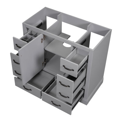 Modern Bathroom Cabinet, Grey, 6 Drawers, Adjustable Shelf, Solid Wood Cabinet Base,