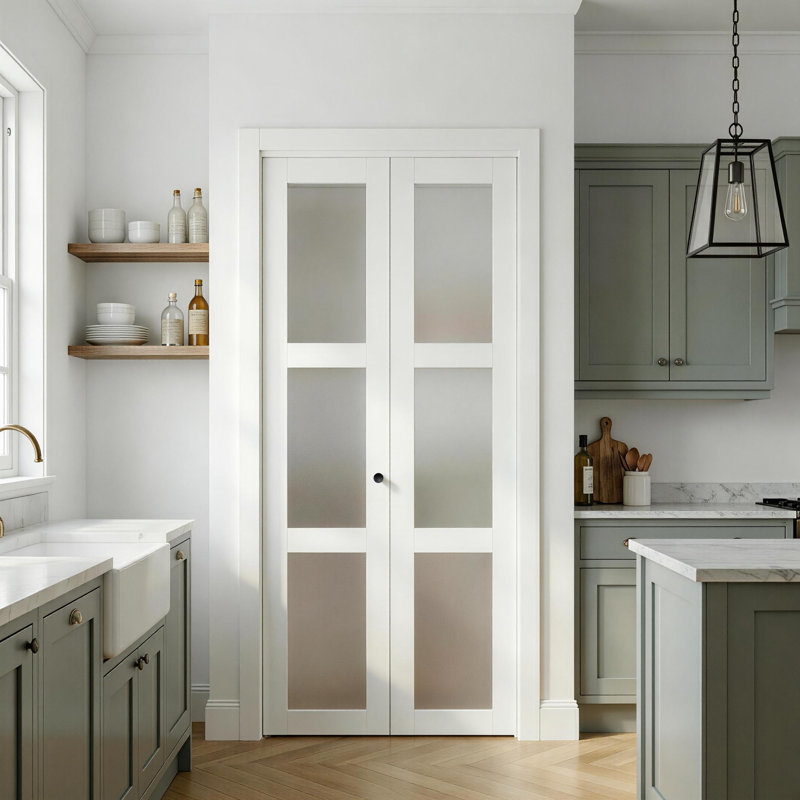 3-Lite Frosted Glass and Solid Manufactured Wood Bi-Fold Doors with Hardware Kit, 30"  x  80"
