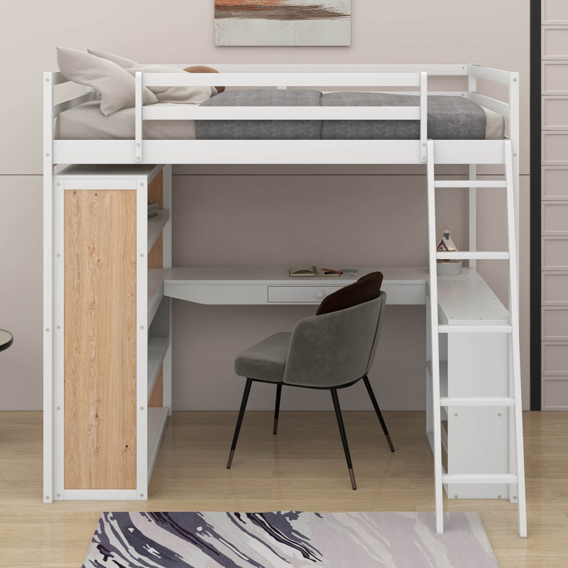 Lit mezzanine simple avec tablettes et bureau, Blanc