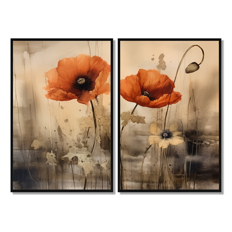 Brilliant Poppies I - Art floral floral mural 2 panneaux, H 36 po x l 48 po, Reproduction encadrée sans passe-partout, Noir