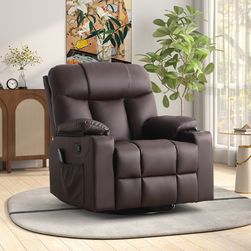Arncliffe 37.8" Wide Faux Leather Swivel Rocker Manual Recliner Chair With Heated Massage & Dual Cupholders, Brown