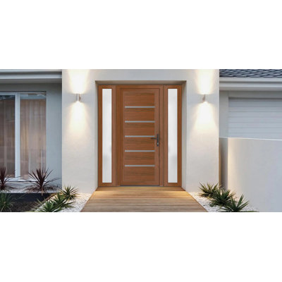 Porte en métal-plastique pré-suspendue à l'avant | Manux 8415 noyer | 2 traverses latérales latérales | Bureau Portes de garage commerciales et résidentielles 54 po x 80 po (l 12 + 30 + 12 po x H 80 po)
