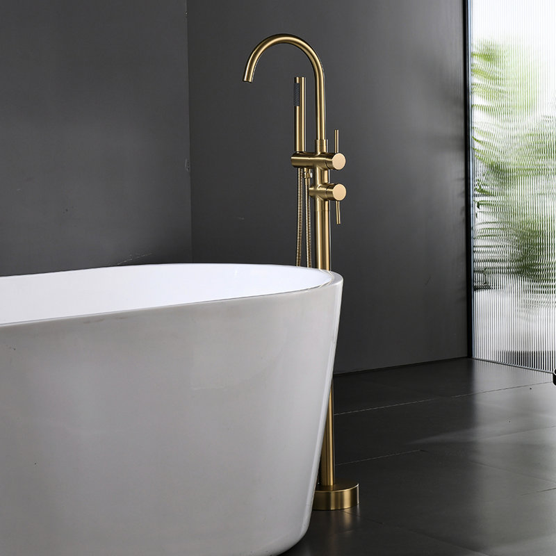 Handheld Shower Bathtub Faucet Floor Mount In Brushed Gold - Claw Foot Tub Faucets Style, Ceramic Filler Golden Shade Handle, 1 Hole Faucet, Curved Shape