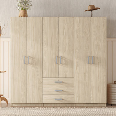 Rangement pour garde-robe en bois à 6 portes avec 6 grands tiroirs, naturel