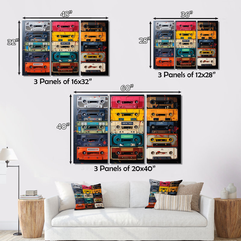 Cassette Tapes Nostalgic Grooves II sur toile, 3 pièces, H 28 po x l 36 po x P 1 po