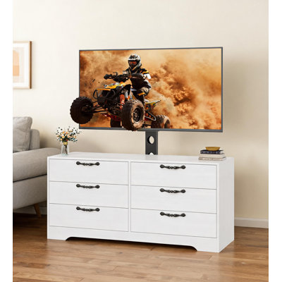 Meuble télé 63 po pour téléviseur de 75 po ou moins - console multimédia à hauteur réglable avec 6 tiroirs, centre de divertissement robuste en bois aggloméré pour le salon, la chambre à coucher et le bureau