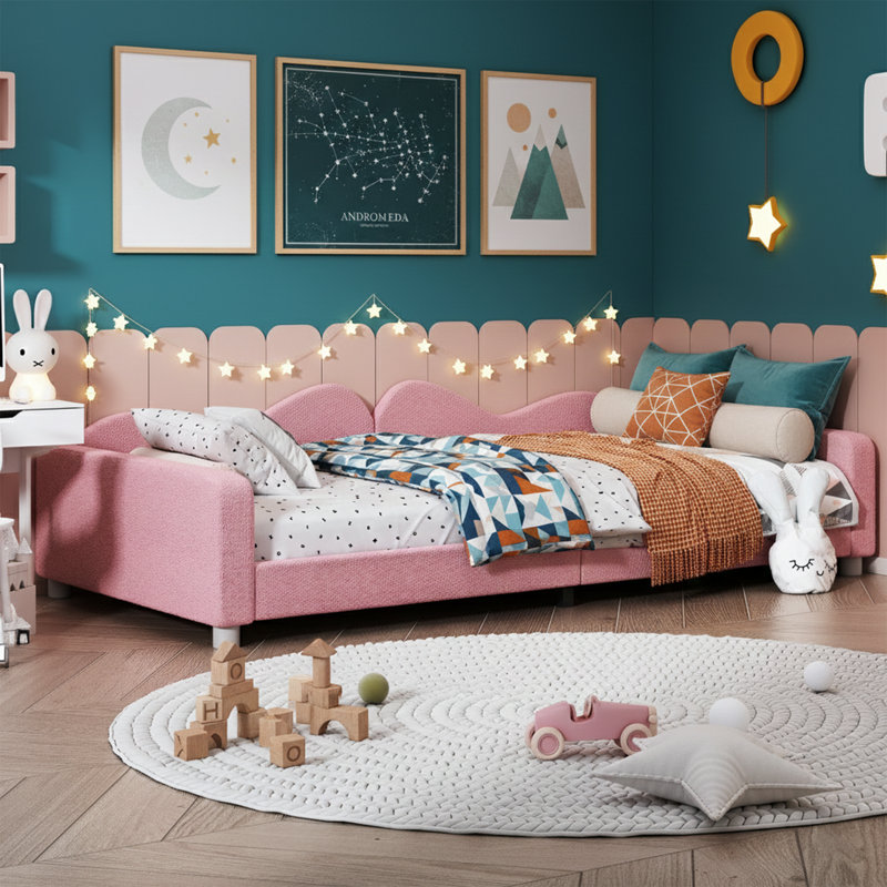  Lit de jour simple de 81 po de largeur avec dossier en forme de nuage, tissu sherpa rose, Lit simple, Rose