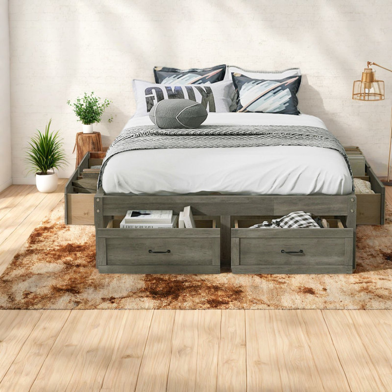 Lit plateforme spacieux avec rangement, MDF gris antique, maison moderne