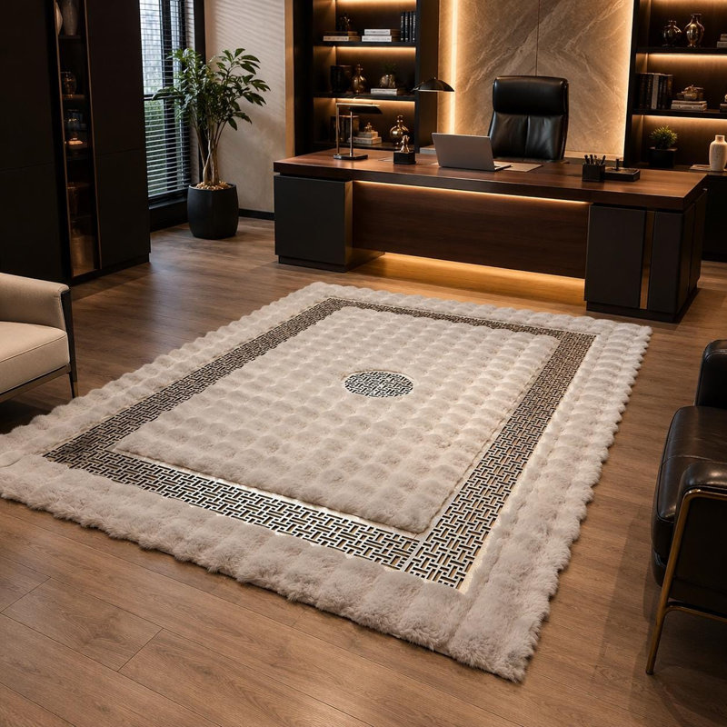 Tapis luxueux beige moelleux, bordure ornementale argentée, tapis en fausse fourrure douce, décoration intérieure élégante