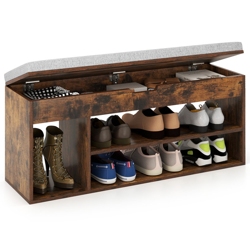 Shoe Bench Home Entryway Shoes Storage Bench w/ Padded Seat & Hidden Storage , Brown/Gray