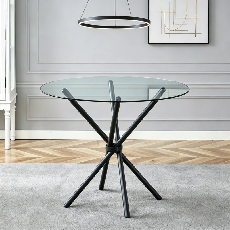 Table de salle à manger ronde en verre transparent, Noir
