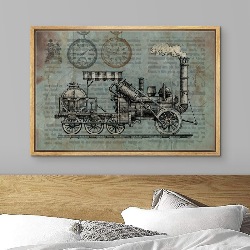 Signature signée, impression sur toile encadrée, locomotive vintage délavée avec impression de journal, transport, art numérique, art moderne, chic, brun chaud pour le salon