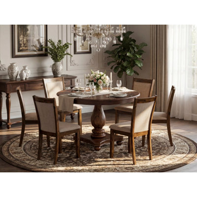 7 Piece Dining Room Furniture Set Consist of a Round Dining Table with Pedestal and 6 Light Tan Linen Fabric Upholstered Chairs, Antique Walnut