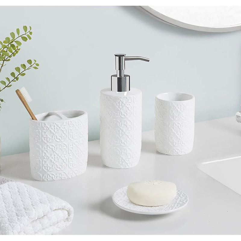 Ceramic Bathroom Set (Embossed Damask Medallion): Dispenser, Toothbrush Holder, Tumbler, Trinket Dish, White