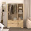 Armoire 4 portes avec miroir, armoire à DEL avec portes et 2 tiroirs, armoire de rangement en bois avec tringle, tablettes réglables, naturel