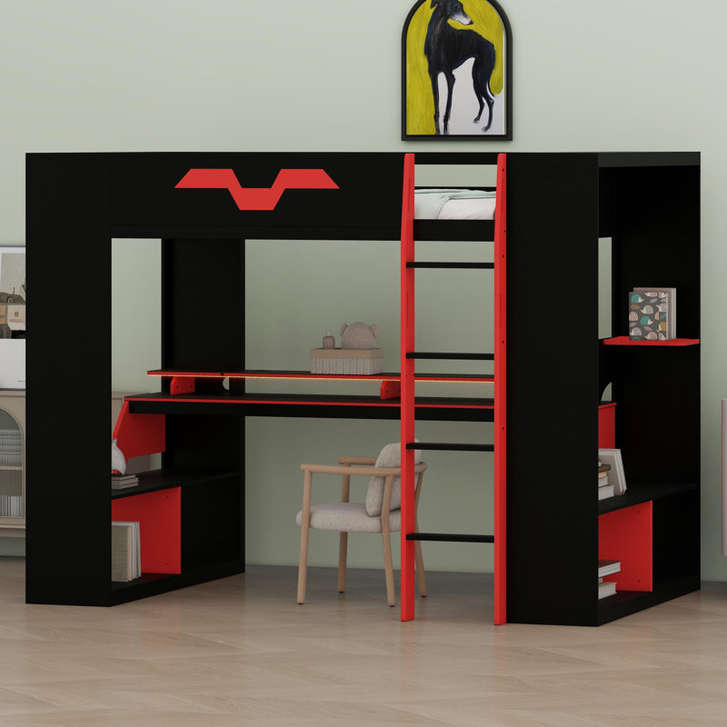 Cadre loft contemporain avec station de charge tout-en-un, gestion des câbles cachée et système d'éclairage à changement de couleur