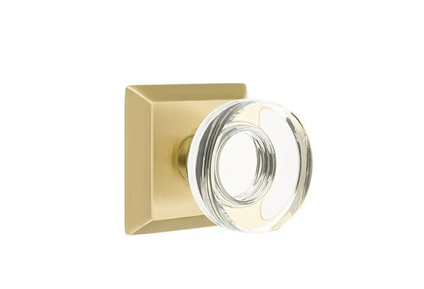 Ensemble de mortaise intérieure Emtek avec rosette Quincy et poignée moderne en verre à disque (droite), Laiton satiné