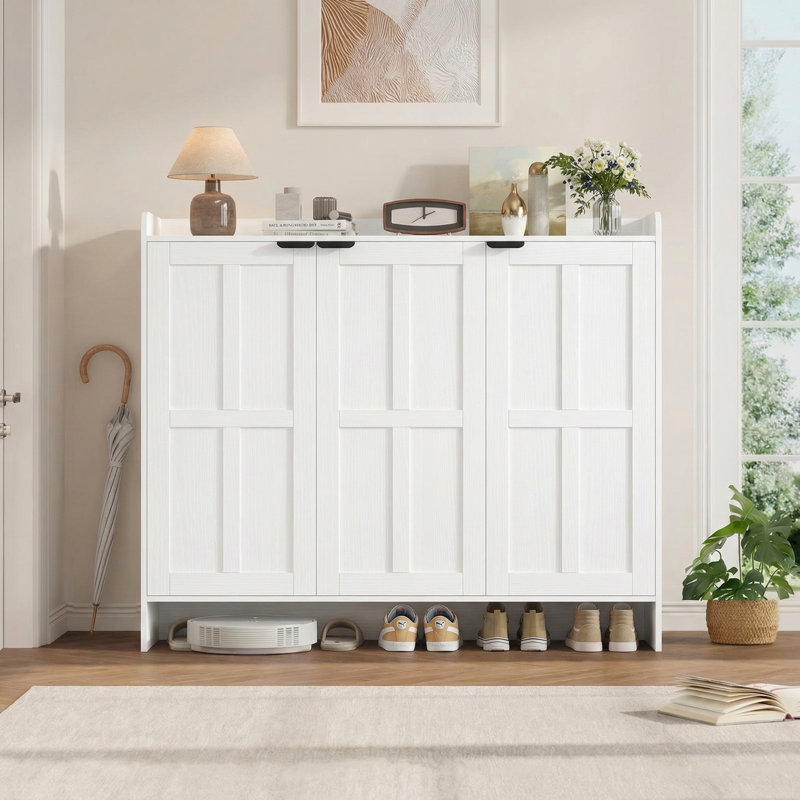30-Pair Shoe Cabinet With 6-Tier, Adjustable Shelves & Boot Compartment, White Wood
