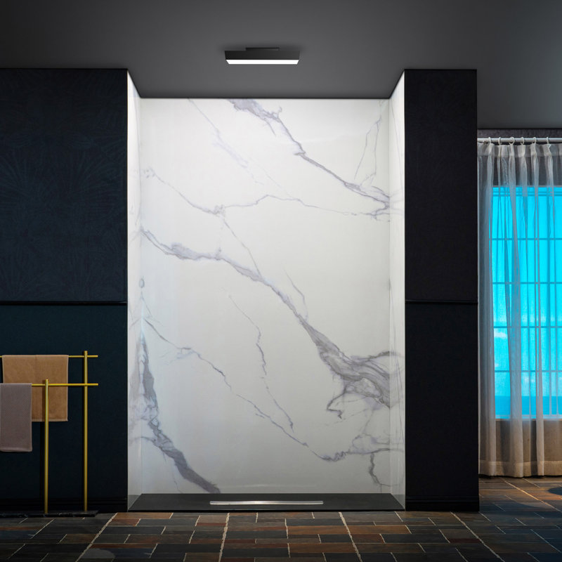 WOODBRIDGE 3-Piece Solid Surface Tile Tub And Shower Wall Panel Surround Kit In High Gloss White, Quick Install And Trimmable.