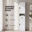 Armoire de salle de bain de 69 po de hauteur avec 2 portes de grange et un tiroir, unité de plancher étroite blanche avec tablettes réglables pour le salon, le vestibule et la cuisine