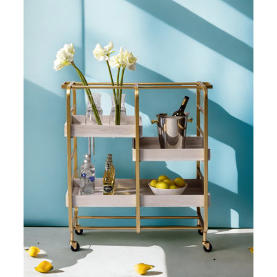 Metal And Wood Storage Cart With 3 Adjustable Trays In Gold & White Flair Serving Wooden