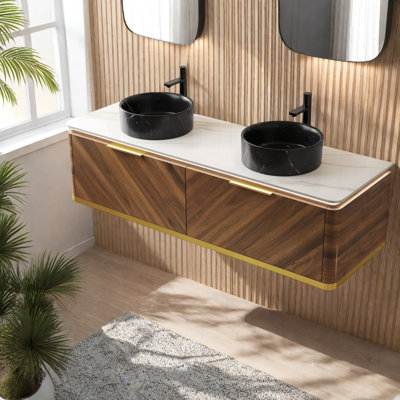 Meuble-lavabo moderne 60 "avec évier avec rangement spacieux, contreplaqué noyer foncé