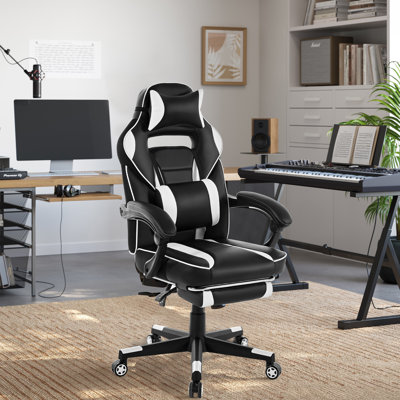 Fauteuil de jeu pivotant à 360 ° avec repose-pieds rétractable, chaise d'ordinateur en cuir PU à hauteur réglable, support lombaire et appui-tête ergonomique pour salle de jeux, bureau personnel, chambre à coucher, noir et blanc
