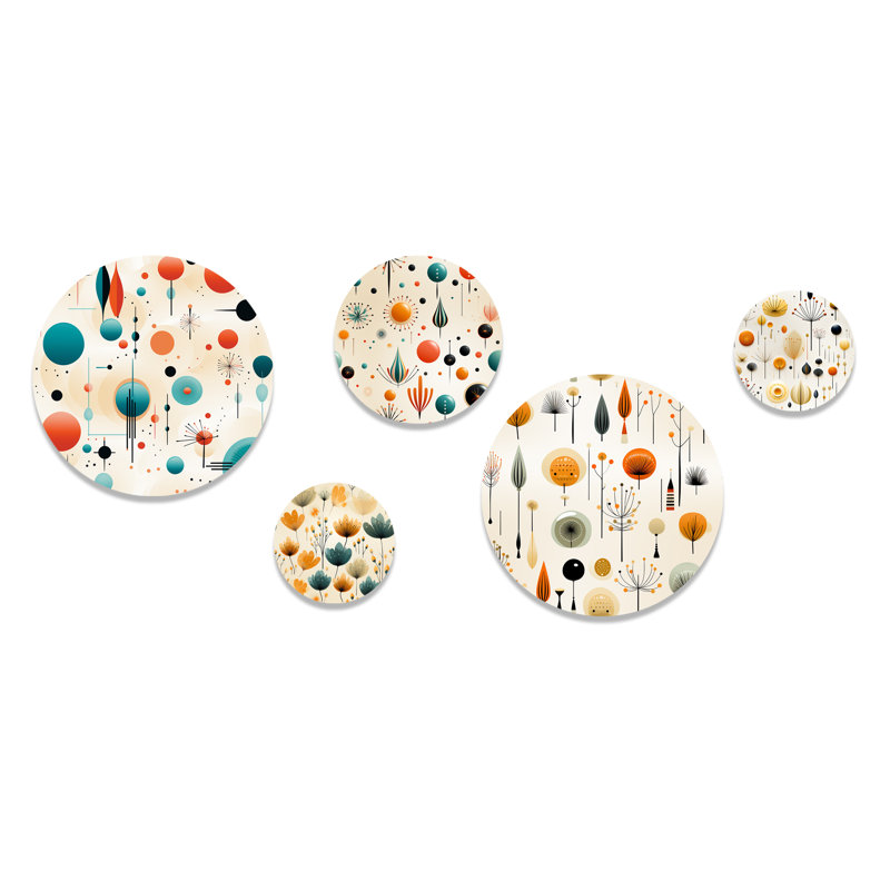 Atomic Age Coral and Blue Geometric Metal Wall Art Set