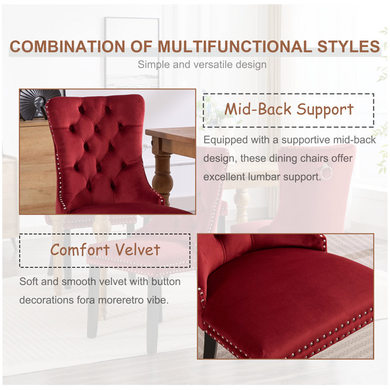 Wine Velvet Tufted Upholstered Dining Chairs with Wood Legs, Set of 6