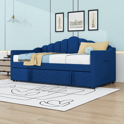 Twin Upholstered Daybed with USB Port,  2 Pockets and Twin Trundle