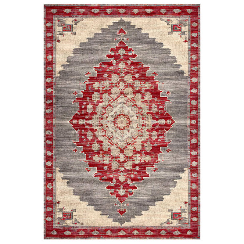Marisol Burgundy Beige Gray Oriental Machine Printed Cotton Polyester Area Rug, Runner 4' x 13'2"