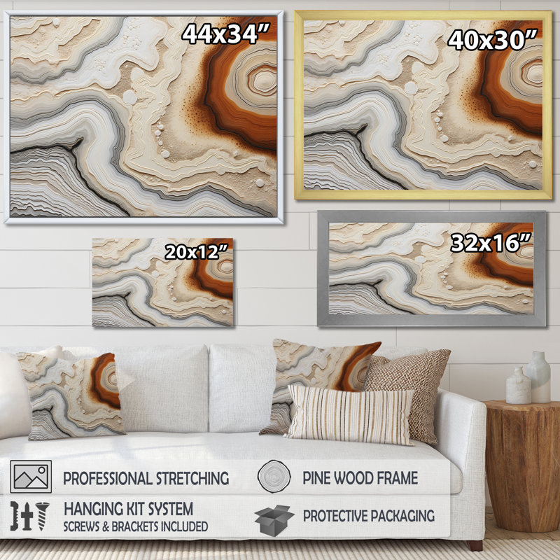 Pierre de minimalisme beige et orange Geode III sur toile, Cadre flottant doré, H 34 po x l 44 po x P 1,5 po