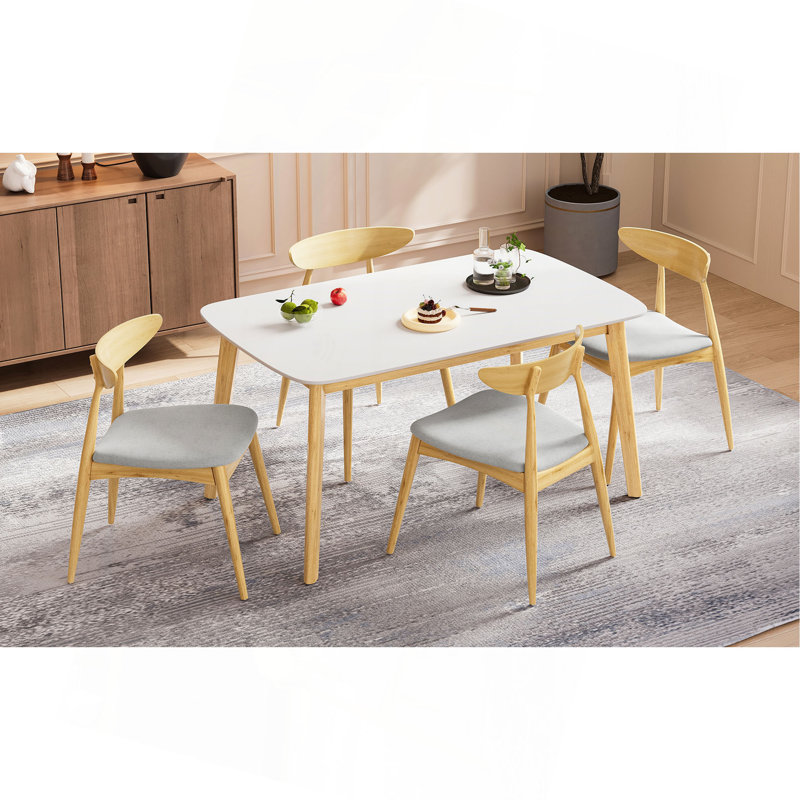 Ensemble de salle à manger 5 pièces, 1 table + 4 chaises, structure en bois d'hévéa, chaises ergonomiques et table en faux bois