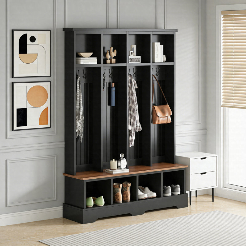 Farmhouse Hall Tree With 8 Hooks And Storage Bench – 76.7" 3-In-1 Entryway Coat Rack With Open Shoe Compartments, Black