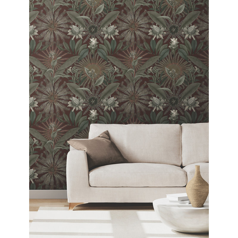 Enchanted Garden Maroon Tropical Wallpaper, Red