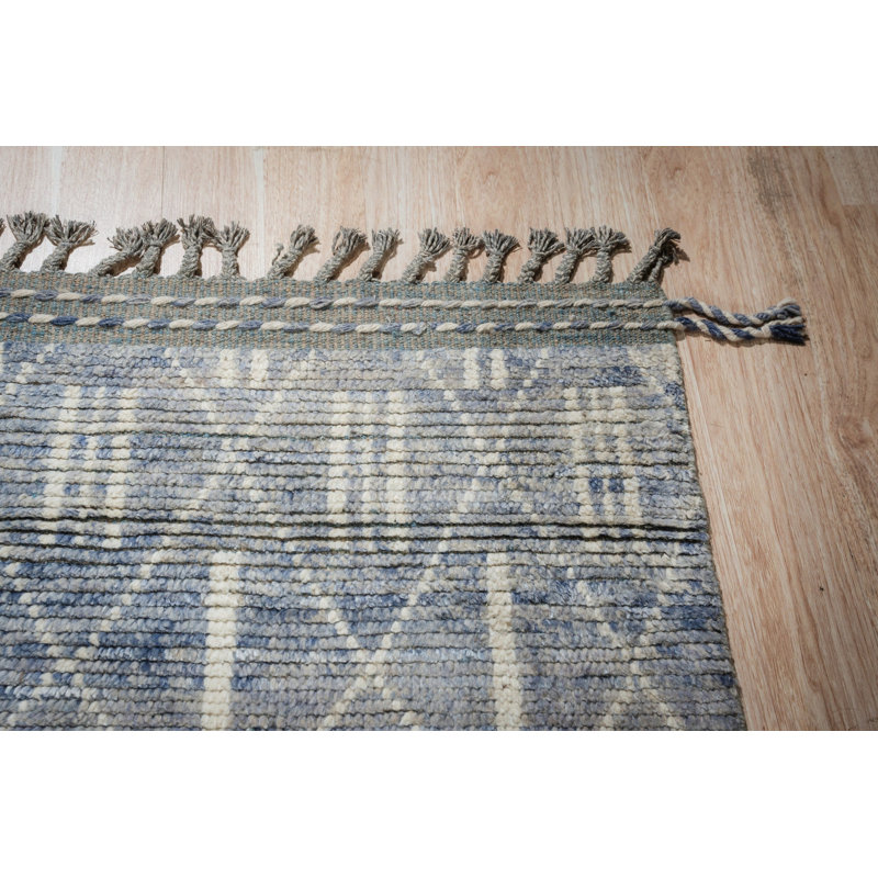 8x11 Blue Hand-Knotted Wool Diamond Lattice Stripes Tribal Modern Contemporary Carpet Rug