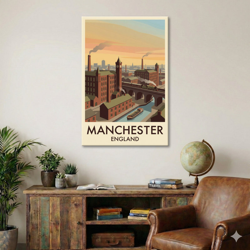 Manchester, England - Romantic Industrial Skyline Travel Poster. Giclee Print On Wrapped Canvas. Wall Art, Home Decor - Cities & Towns, England - Wrapped Canvas Print