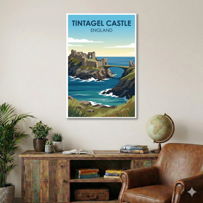 Tintagel Castle, England - Romantic Coastal Travel Poster Of Cornwall's Legendary Castle. Giclée Print On Wrapped Canvas. Wall Art, Home Decor - Castles & Palaces, England - Wrapped Canvas Print
