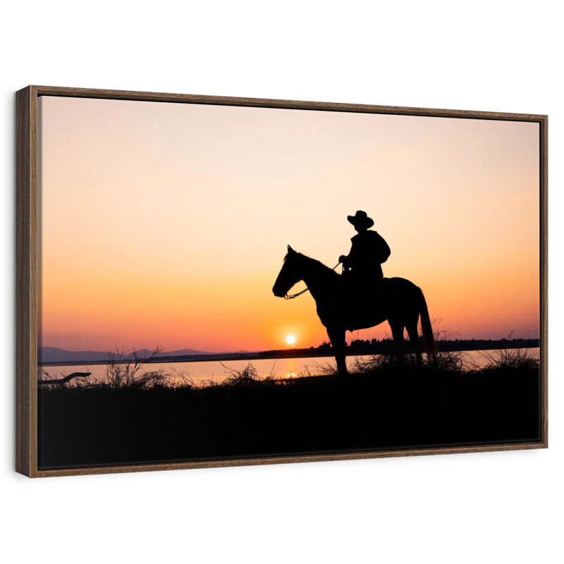 Silhouette de cowboy, 37 po x 25 po, Cadre flottant noyer