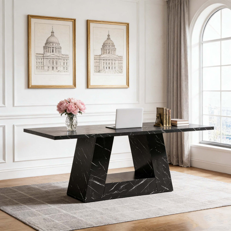 Bureau d'ordinateur de bureau en faux marbre, Noir