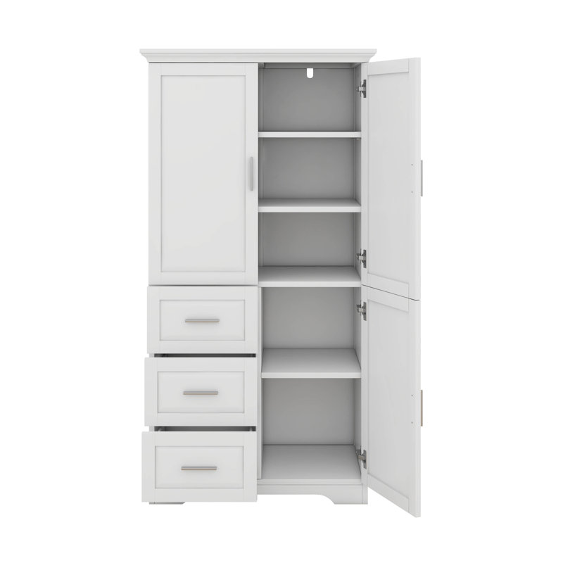 Tall And Wide Storage Cabinet With Doors, Three Drawers, White